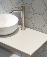 Gold steel vanity counter, white stone countertop, modern washbasin bowl in pastel blue hexagon...