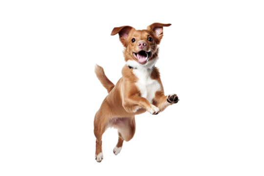 a beautiful dog jumping full body on a white background studio shot isolated PNG