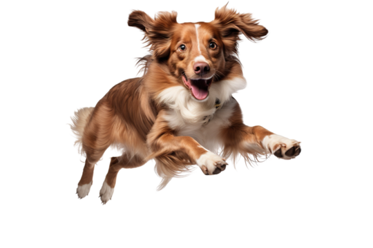 a beautiful dog jumping full body on a white background studio shot isolated PNG