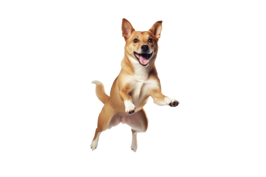 a beautiful dog jumping full body on a white background studio shot isolated PNG