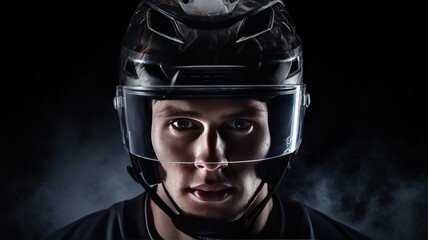 Portrait brutal professional man in hockey player gear on dark background. sport concept. AI.