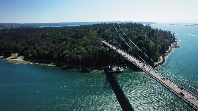 Lions Gate Bridge to Stanley Park Aerial in Vancouver BC