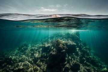 A vibrant coral reef teeming with life in the crystal-clear waters of the ocean