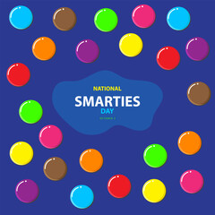 National Smarties Day on october 2, with some Smarties candy seeds scattered around vector illustration and text isolated on blue background for commemorate and celebrate National Smarties Day.