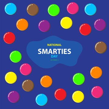 National Smarties Day on october 2, with some Smarties candy seeds scattered around vector illustration and text isolated on blue background for commemorate and celebrate National Smarties Day.