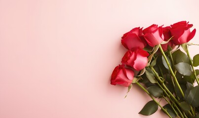 Bunch of romantic red roses on a simple pale pink background. Peach Fuzz. Color of the year 2024