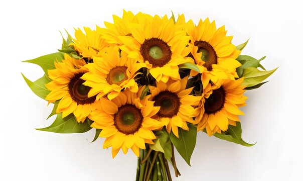 A bouquet of vibrant sunflowers on a simple white background