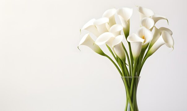Bouquet of elegant calla lilies on a simple white background, in a glass vase