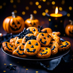 Halloween cookies on a plate spooky background - ai generative