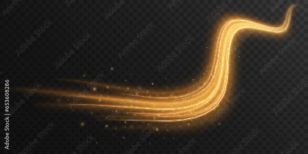 Poster abstract glowing wavy trail with dynamic particles isolated on transparent black background. golden 