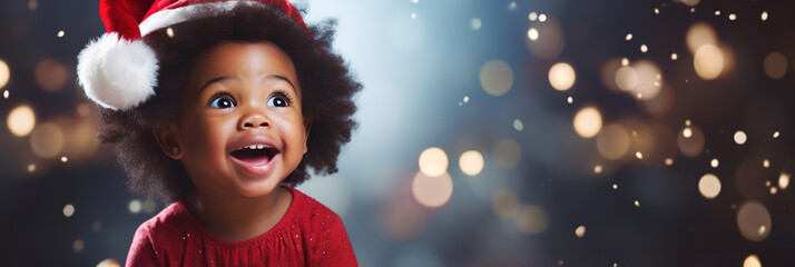 Banner Christmas Child on festive background, portrait Happy African American Baby Boy smiling in Santa Claus hat, copyspace. - obrazy, fototapety, plakaty