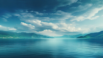 Blue-green clouds over the sea. Toned dark teal water and sky. Background with space for design. The mountains on the horizon. Calm, tranquility atmosphere. Wide banner. Webside header.