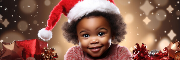 Banner Christmas Child on festive background, portrait Happy African American Baby Boy smiling in...