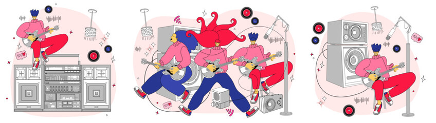vector illustration with people dancing, singing and playing musical instruments. Music band vector illustration.