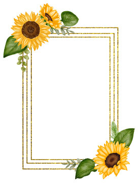 Watercolor sunflower frame, sunflower wreath, wedding invitation