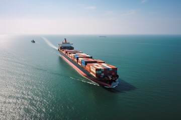 Container ship on water, daylight, central, close-up, aerial. Generative AI