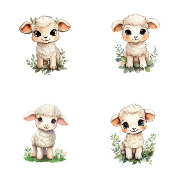 set of cute sheep watercolor illustrations for printing on baby clothes, sticker, postcards, baby showers, games and books, safari jungle animals vector
