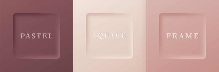 Set of realistic 3d geometric square frame on different color background. Collection of Minimal frames background with copy space. Top view for product display. Light and Shadow.