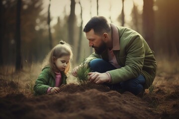 Father daughter planting tree. Child garden. Generate Ai - obrazy, fototapety, plakaty