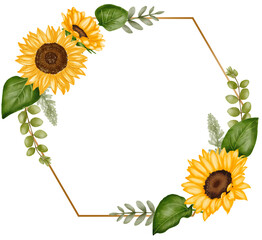 Obraz premium Watercolor sunflower frame, sunflower wreath, wedding invitation