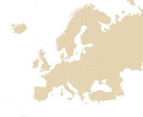 BEIGE CMYK color detailed flat stencil map of the continent of EUROPE (with country borders) on transparent background