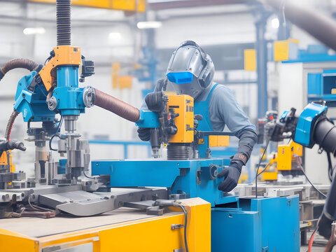 An engineer is overseeing and supervising the robotic welding arms in an automotive industrial factory, ensuring precision and control. The digital manufacturing operations in the background are blurr