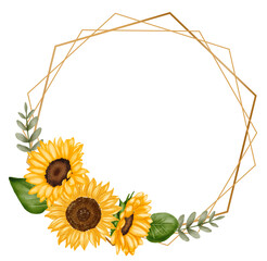 Watercolor sunflower frame, sunflower wreath, wedding invitation