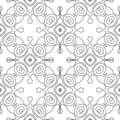 Black lines on white background.
Wallpaper with figures from lines. Abstract geometric black and white pattern for web page, textures, card, poster, fabric, textile. Monochrome repeating design. 