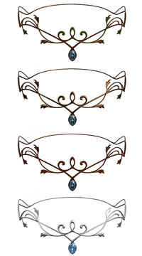 3d render fantasy headbands for elves, gold, silver, bronze