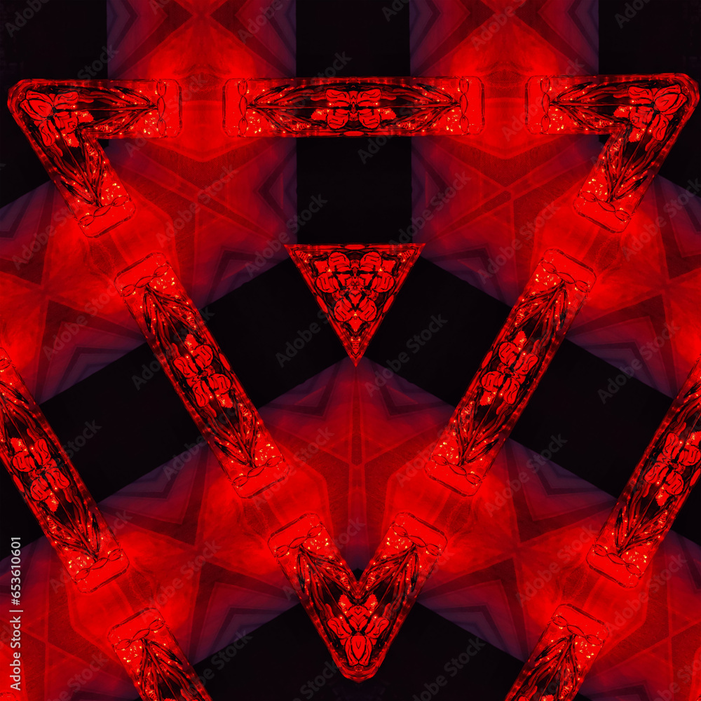 Poster geometric bright red ans scarlet noel design in beyond fractal patterns on a black background