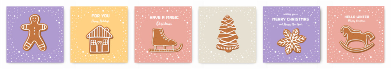 Christmas postcard collection. Greeting cards with gingerbread cookies. Xmas and New Year decor. Modern flat style. Vector.