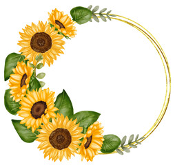 Watercolor sunflower frame, sunflower wreath, 