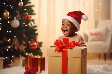 Excited, surprised, shocked, wondered Christmas Child opening present, portrait Happy African...