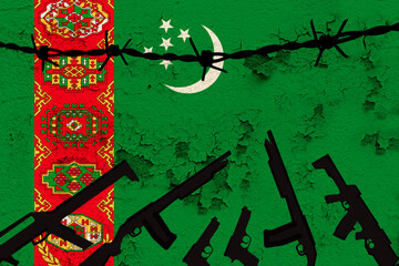 national flag of turkmenistan on textured background, rows of barbed wire, concept of war,...