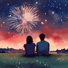 People looking fireworks in new year evening