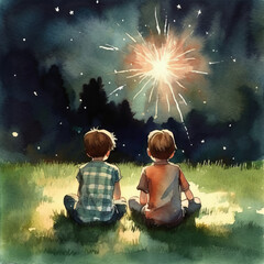 People looking fireworks in new year evening