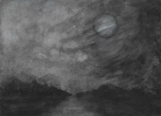 Photo sur Aluminium Pleine lune Watercolor painting nature background of full moon night with trees and road on paper. mysterious darkness. illustration landscape for full moon night. copy space for text. Hand painted texture style.