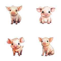 set of cute pig watercolor illustrations for printing on baby clothes, sticker, postcards, baby showers, games and books, safari jungle animals vector