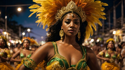 Portrait of a dancer woman in rio, carnival parade with carnival costumes with dancers in the...