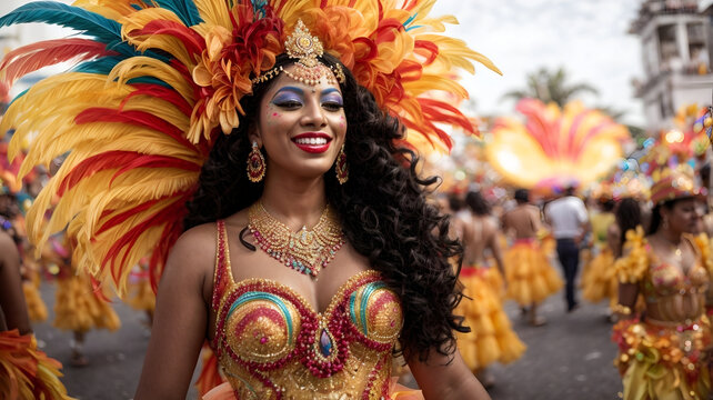 Portrait of a dancer woman in rio, carnival parade with carnival costumes with dancers in the background