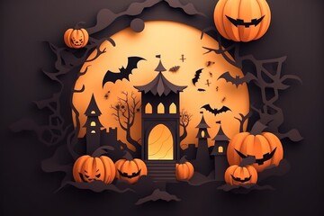 A spooky Halloween scene with pumpkins and a haunted castle