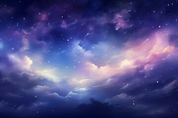 Dreamy night sky with glowing clouds and stars, illustrated as a watercolor-like painting using modern technology. Generative AI - obrazy, fototapety, plakaty