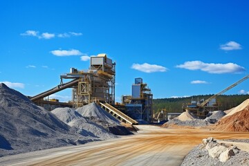 View of mining machines, gravel piles, crushing and screening plant against blue sky. Generative AI