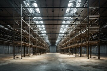 Empty warehouse with racks. Generative AI - obrazy, fototapety, plakaty