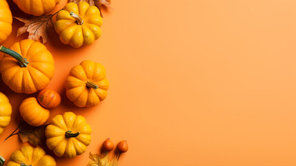 Pumpkins top view on isolated orange background - ai generative
