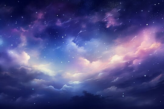 Dreamy night sky with glowing clouds and stars, illustrated as a watercolor-like painting using modern technology. Generative AI