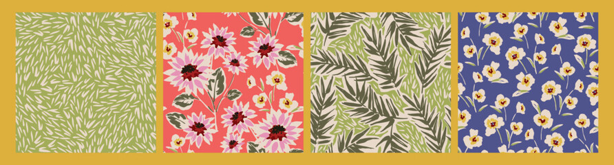 Floral abstract seamless patterns. Retro flowers. Vintage style. Vector design for paper, cover, fabric, interior decor and other