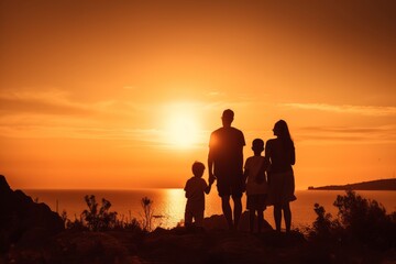 A family enjoying a breathtaking sunset view from the top of a hill