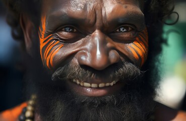 Papua islander warrior smiling. Village ritual. Generate Ai - obrazy, fototapety, plakaty