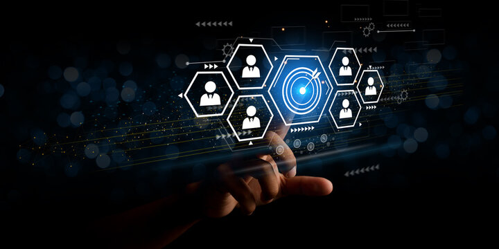 White Dartboard And White Arrow Connection Linkage With Human Icon For Customer Focus Target Group And Customer Relation Management Concept.